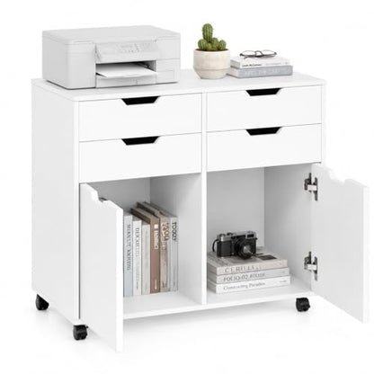 POWERSTONE Mobile File Cabinet with 4 Drawers & 2 Door, Rolling Under Desk Storage Chest with Lockable Wheels, Wood Printer Stand for Home Office Craft Room, White - color: White