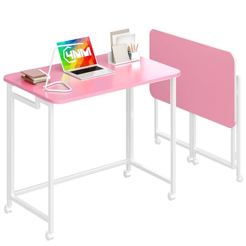 4NM 27.5" Mobile Small Rolling Computer Desk, Folding Laptop Cart Table with Wheels, Portable Office Desk for Small Space Couch Bed - Pink and White - color: Pink and White, size: 27.5"