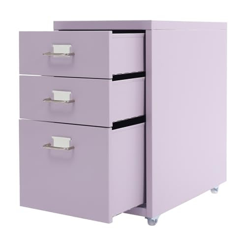 3 Drawers File Cabinet, 16*11*18.9In Aluminum Alloy Mobile Filing Cabinet Rolling Filing Cabinets Rectangular Storage Cabinets with Lock&4 Wheels for Kitchen Bedroom Living Room (Purple) - color: Purple