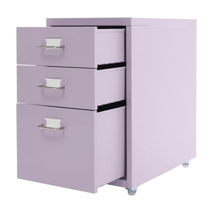 3 Drawers File Cabinet, 16*11*18.9In Aluminum Alloy Mobile Filing Cabinet Rolling Filing Cabinets Rectangular Storage Cabinets with Lock&4 Wheels for Kitchen Bedroom Living Room (Purple) - color: Purple