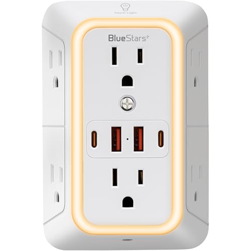 Wall Mount Power Strips Wall Charger 6 Outlet Extender 4 USB Ports (5V, 2.4A, 12W) and Night Light 3-Sided Power Strip with Adapter Spaced Outlets - Multi Plug Outlet Surge Protector for Home Office - color: White