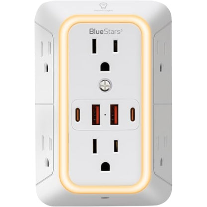 Wall Mount Power Strips Wall Charger 6 Outlet Extender 4 USB Ports (5V, 2.4A, 12W) and Night Light 3-Sided Power Strip with Adapter Spaced Outlets - Multi Plug Outlet Surge Protector for Home Office - color: White