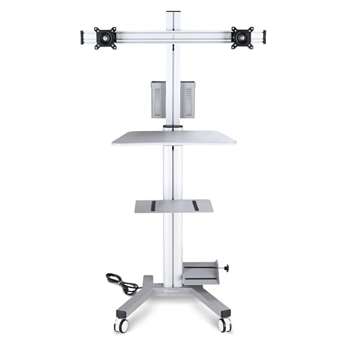 Yescom NexusX Commander Max Mobile PC Computer Stand Workstation with Dual | Monitor Mount for 32" Screen Sliver ANSI/BIFMA X5.5-2021 Certificated - color: Silver, size: 2 Monitor-32"