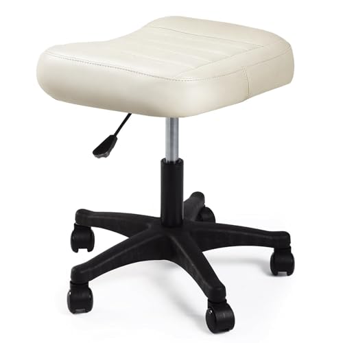 Ergonomic Adjustable Under Desk Footrest,Ottoman with Wheels | 500lbs|360° swivel Silent PU casters|Thick 2.36" Seat| Rolling Stool with Wheels for Massage,Salon,Spa,Clinic,Office,Home - color: Creamywhite