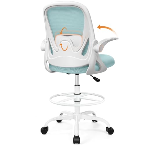 Drafting Chair Tall Office Chair with Flip-up Armrests, Adjustable Height, and Enhanced Lumbar Support - Ergonomic Rolling Stool, Back Support, and Adjustable Foot Rest Ring Light Blue - color: Light Blue, size: 934W-Z