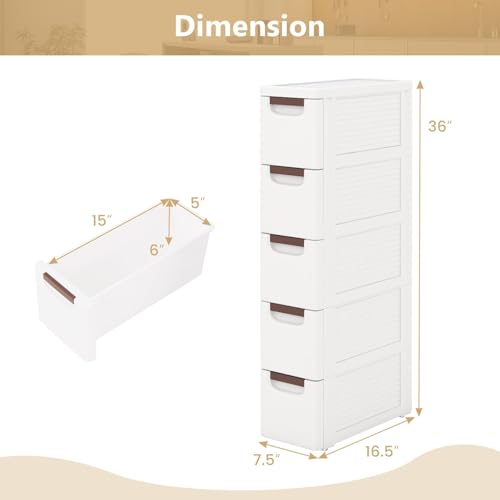 Slim Storage Drawers, Plastic Organizers w/Hidden Wheels for School Supplies, Crafts, Files & Towels, Under Table Rolling Cart for Dorm, Home & Office (7.5" x 16.5" x 36" (5 Drawers)) - size: 7.5" x 16.5" x 36" ( 5 Drawers )