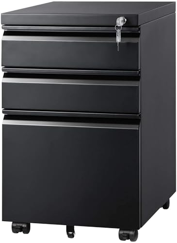DEVAISE 3 Drawer File Cabinet with Lock, Fully Assembled Except Casters | Metal Filing Cabinet Under Desk for Home Office, Fits Letter/Legal/A4 Size, Black - color: Black, size: 17"D x 15"W x 24"H