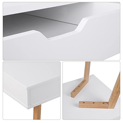 FOTOSOK White Writing Desk with 2 Drawers, Small Desk Makeup Vanity Table | Wood Computer Desk with 4 Solid Oak Legs, Home Office Desk & Study Table, Mid Century Desk for Bedroom Small Spaces, White - color: White and Oak