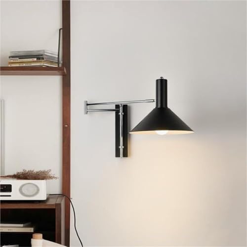 Modern Industrial Black Conical Shade Wall Sconce Minimalist Adjustable Swing Arm Lamp Chrome Metal Accent Mount Light Fixture for Bedroom Living