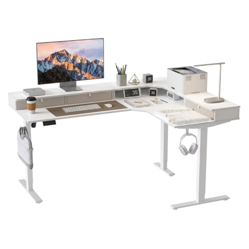 CubiCubi 63x48 Inches L Shaped Standing Desk with 3 Drawers and Monitor Shelf, Height Adjustable Corner Computer Desk with Hooks, Sit Stand Up Ergonomic Home Office Workstation Table, Warm White - color: Warm White, size: 63"x48"