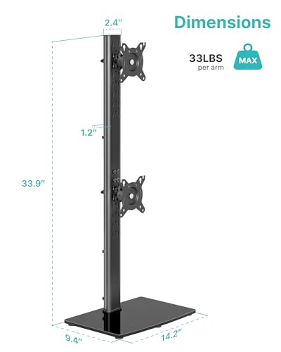 Vertical Dual Monitor Stand for 17–34 Inch Screens, Tabletop | Stacked Monitor Mount, Holds up to 33 lbs per Arm, Screens Riser with Full Motion, 33.3" Pole 12 Height Settings, 75/100 VESA