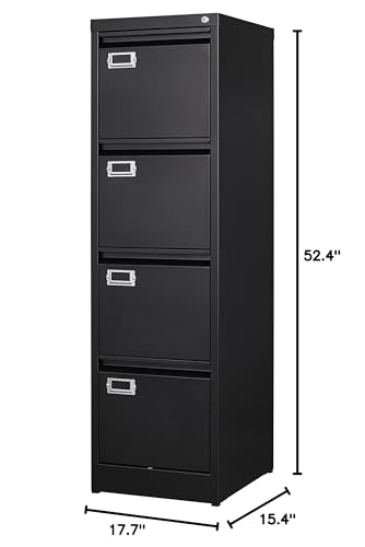 4 Drawer File Cabinet with Lock Metal Vertical File Cabinet Office Home Vertical File Cabinet for A4 Legal/Letter Size Narrow File Cabinet Locked,Assembly Required (Black, 4 Drawers- Vertical) - color: Black, size: 4 Drawers