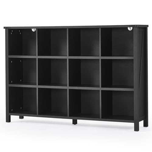 Joaxswe 12 Cube Storage Organizer, Farmhouse 62 Inch Wide Black Oak Display Bookshelf, Wooden 3 Tier Large Open Book Shelf, Vintage Bookcase for Home Office, Cubby Cabinet for Living Room, Office - color: Black, size: 12 Cube (13.6"D x 62"W x 42.2"H)