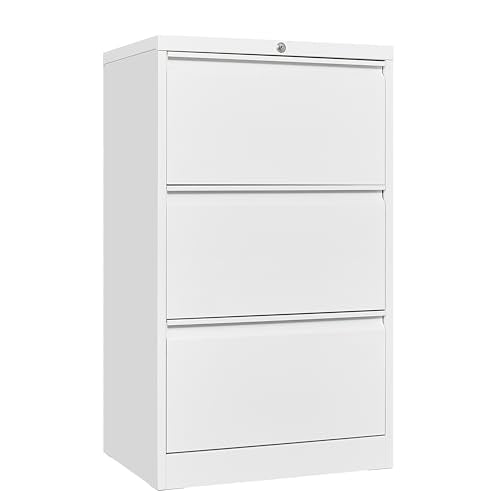 Garvee 3 Drawer Lateral File Cabinet, Heavy Duty Metal Filing Cabinet | White File Cabinet with Lock for Home Office, for Legal/Letter/f4/a4 Hanging Files with Business Card Holder