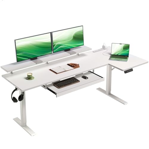 OffiGo 63 Inch Reversible L Shaped Electric Standing Desk, White | Monitor Stand, Keyboard Tray, Power Outlets, 3 Memory Presets, Corner Stand Up Desk for Ergonomic Home Office, Workstaion - color: White, size: 63 Inch