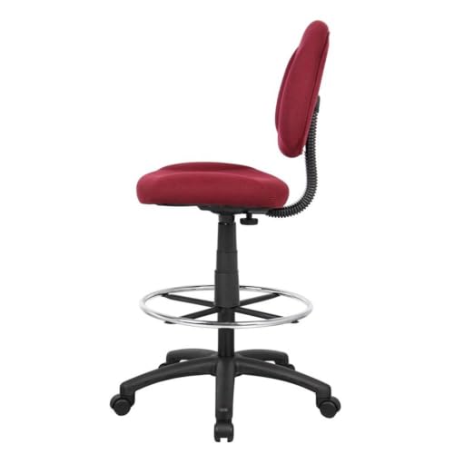Scranton & Co Contoured Burgundy Fabric Drafting Stool, 20" Chrome Footring, Pneumatic Height 26.5"-31.5", Ergonomic Seat and Back, Tweed Upholstery, Black Nylon Base, Office or Studio Use