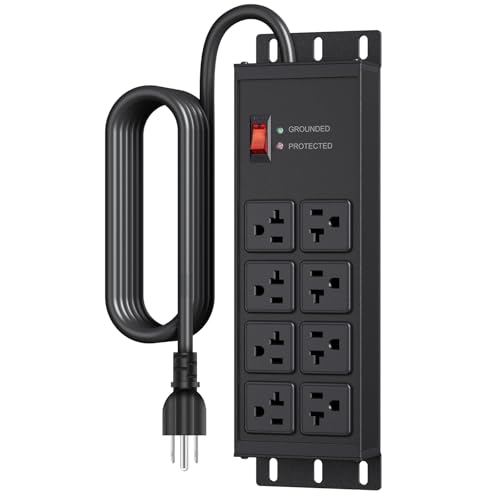 JUNNUJ Heavy Duty Surge Protector, 12 Gauge Extension Cord, Black, 25 FT | Metal Wall Mount 8 Outlets Power Strip, High Amp Outlet Extender for Garage Industrial Shop, 4800J - color: Black, size: 25 ft