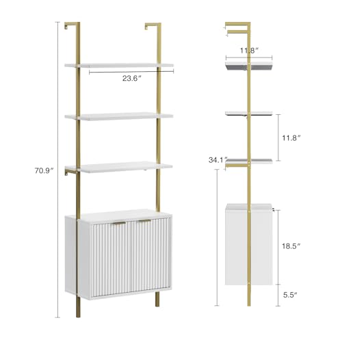 Halitaa 71”Ladder Shelf with Storage Cabinet, Wall Mounted Ladder Bookshelf | Modern Wall Mount Bookcase with Fluted Doors, Display Shelves for Living Room, Bedroom, Bathroom, Home Office, White & Gold - color: White + Fluted, size: 1PC