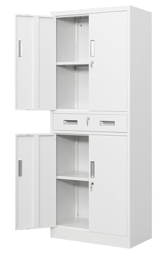 Wanfu Metal Storage Cabinet, 71" H x 28" W x 16" D Locking Storage Cabinet with 2 Adjustable Shelves and 1 Drawer for Office, Garage, Home, School, Utility(White) - color: White, size: 71"-1drawer