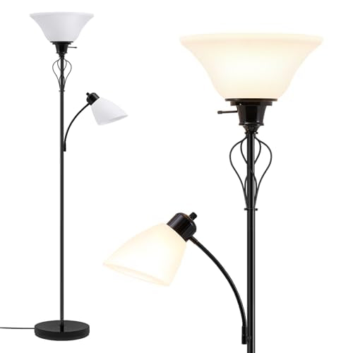 Floor Lamps for Living Room, 70" Tall Torchiere Floor Lamps, Plastic Shade | Tall Lamp with Adjustable Gooseneck Reading Light, Modern Corner Standing Lamp for Bedroom, Office, Separate On/Off Switch - color: Glossy Black