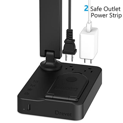 Drevet LED Desk Lamp with Wireless Charger, Desk Table Light with USB Charging Port and 2 Outlets, 3 Lighting Modes, 3 Level Brightness, 1H Timer, Touch Control, Eye-Caring Home Office Foldable Lamp - color: Black2.0 with wireless charging