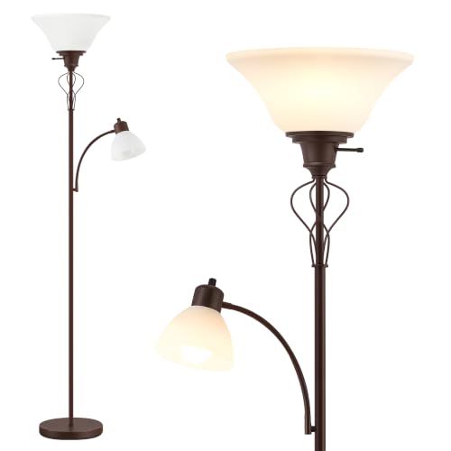 Floor Lamps for Living Room, 70" Tall Torchiere Floor Lamps, Plastic Shade | Tall Lamp with Adjustable Gooseneck Reading Light, Modern Corner Standing Lamp for Bedroom, Office, Separate On/Off Switch - color: Red Brown