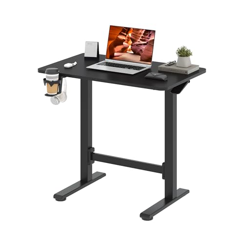 32''Pneumatic Standing Desk,Onepiece Adjustable Height Home Office | Black 31.5''x19.7'' Small Home Desk Rolling Computer Workstation with Hooks & Cup Holder,Hidden Casters - color: Black, size: 3220