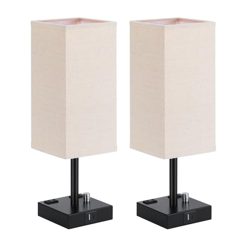 Bedside Table Lamps Set of 2 for Bedroom - Dimmable, USB C+A, 2 AC Outlets | Stepless Dimmable by Rotary Knob, 3000K LED Bulbs Included, Square Beige Linen Shade, Nightstand Lamp for Living Room, Desk - color: Beige