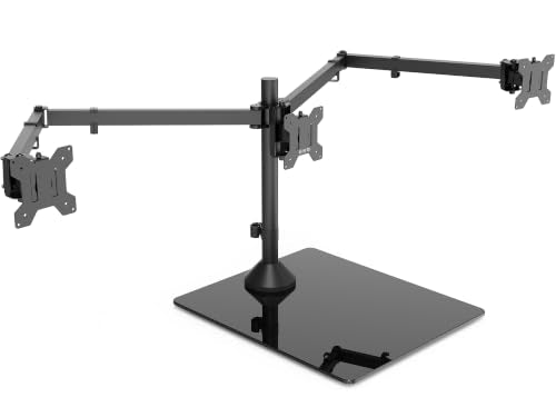 VIVO Black Triple Monitor Mount, Freestanding Triple Monitor Arm Stand for Desk with Glass Base, Heavy Duty Fully Adjustable Stand for 3 Screens up to 32 inches, Black, STAND-V332FG - size: 13" to 32" Screens