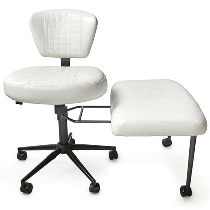 Meditation Chair with Footrest, 360° Swivel Height Adjustable Criss Cross Chair, White PU Padded Wide Seat, Home Office Desk Chair for Reading, Yoga, Peaceful Living - color: White