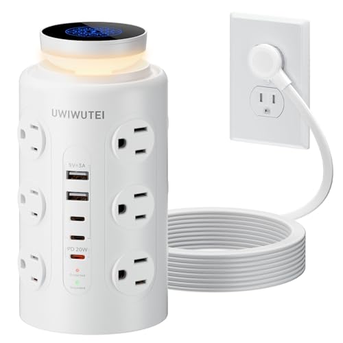 Tower Power Strip with Night Light,PD20W USB C Power Strip Tower with Multiple Outlets, 12 Outlets,5 USB Ports (3 USB-C), 6FT Extension Cord Desk Charging Station for Home,Office,Dorm Essentials,White - color: White, size: 6FT with Night Light