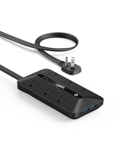 Anker Power Strip with 300J Surge Protector, 5ft Outlet Extender, 20W, 6AC | Flat Plug Extension Cord with Multiple Outlets, 2 USB C, 2 USB A, Dorm Room Essentials, Home Office, TUV Listed - color: Black, size: 5FT