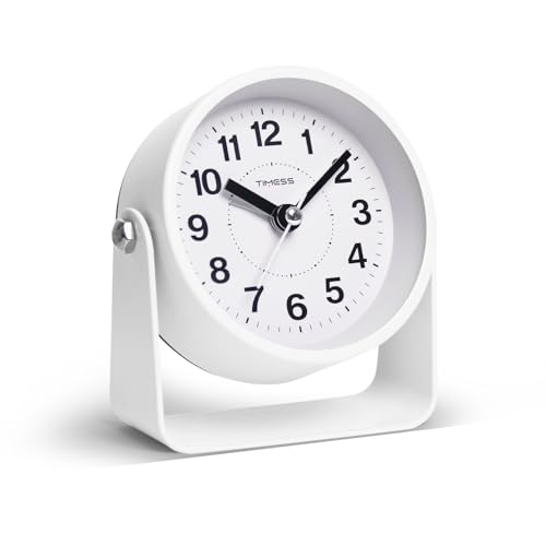 TIMESS Analog Alarm Clock with Snooze & Light, Silent Non-Ticking, White | On-demand light, quartz movement, battery operated, easy to set, gentle wake alarm, bedside clock for home, travel, or office - color: White
