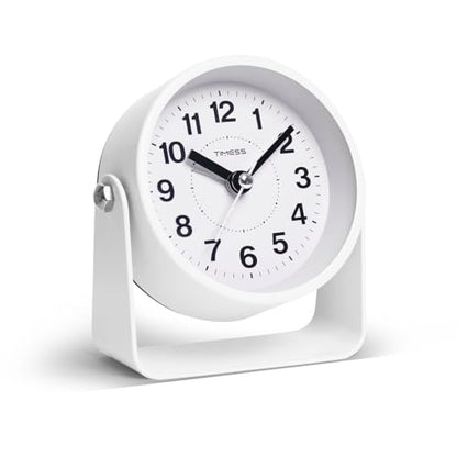 TIMESS Analog Alarm Clock with Snooze & Light, Silent Non-Ticking, White | On-demand light, quartz movement, battery operated, easy to set, gentle wake alarm, bedside clock for home, travel, or office - color: White