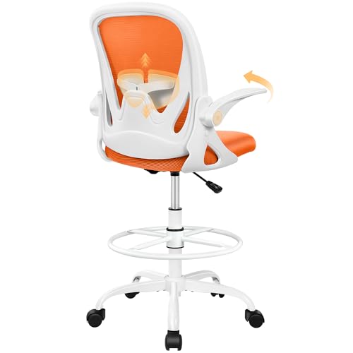 Primy Drafting Chair Tall Office Chair with Flip-up Armrests Executive Ergonomic Computer Standing Desk Chair with Lumbar Support and Adjustable Footrest Ring (Sunset Orange) - color: Sunset Orange, size: 934-Z