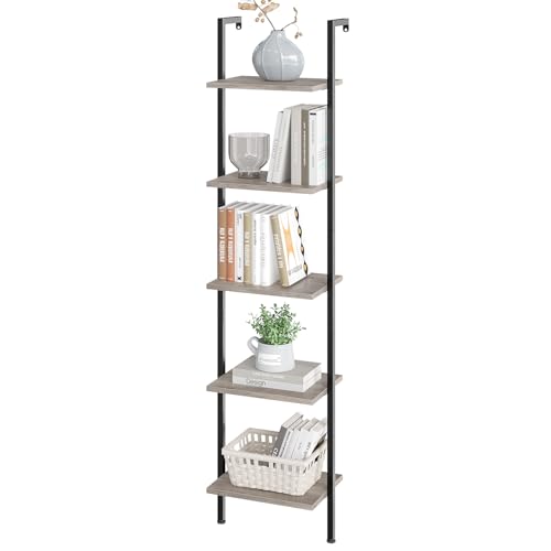 ELYKEN Ladder Shelf, 5-Tier Wood Wall Mounted Ladder Bookshelf | Leaning Storage Shelves with Metal Frame, Vintage Open Display Organizer Rack for Living Room, Bedroom, Home Office, Greige - color: Gerige