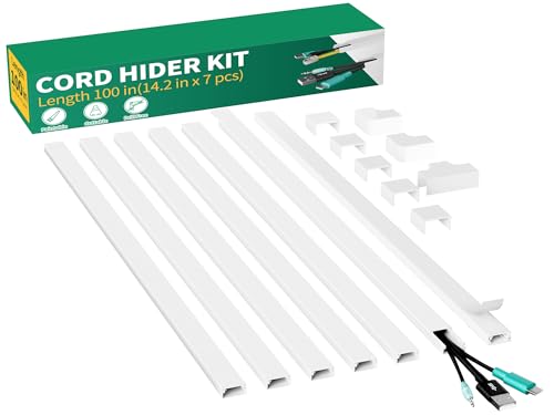 Delamu Cord Hider, 100in Self-Adhesive Cord Cover Kit for Wall Mounted TV, Paintable Wire Hider, Flexible Cable Management System, Cable Raceway Conceals 2-3 Wires, W0.95 H0.55in, White - color: White, size: 100in x 0.95in x 0.55in
