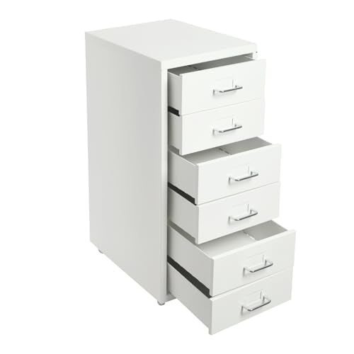 6 Drawers File Cabinet with Lock Rolling Mobile Filing Cabinet with Wheels Under Desk Vertical Filing Cabinet for Office/Home Metal (White) - color: White