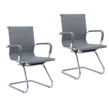 Set of 2 PU Leather Office Guest Chairs, Gray | Padded Arms, Stationary Reception Desk Chair for Conference Room, Meeting Room or Lobby - color: Grey