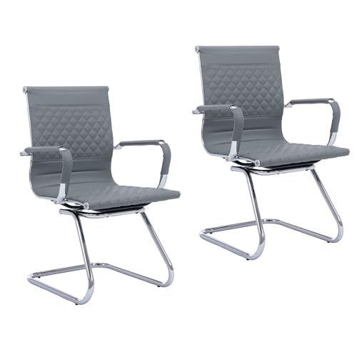 Set of 2 PU Leather Office Guest Chairs, Gray | Padded Arms, Stationary Reception Desk Chair for Conference Room, Meeting Room or Lobby - color: Grey