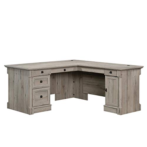 Sauder Palladia L Shaped Desk with Drawers, Office Desk with File Cabinet Storage, Cable Management, Keyboard Tray, in Split Oak finish - color: Split Oak