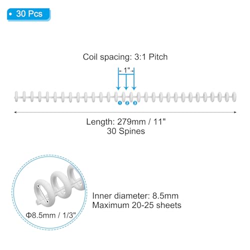 PATIKIL 8.5mm(1/3") Plastic Spiral Binding Coils, 30 Pcs Binding Spirals 20-25 Sheet Capacity Binding Spirals for Binding Paper Sheets, White - color: White, size: 8.5mm(1/3")