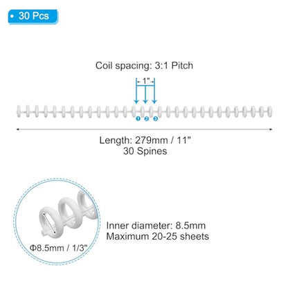 PATIKIL 8.5mm(1/3") Plastic Spiral Binding Coils, 30 Pcs Binding Spirals 20-25 Sheet Capacity Binding Spirals for Binding Paper Sheets, White - color: White, size: 8.5mm(1/3")
