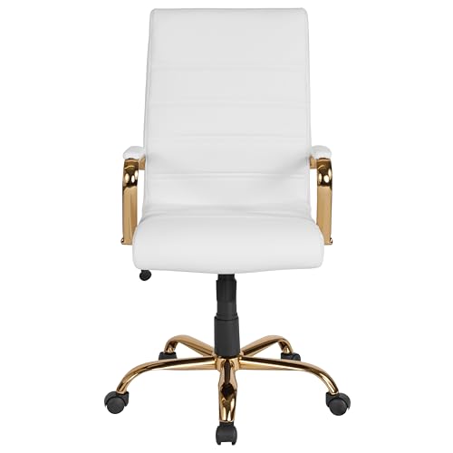 Flash Furniture High Back White LeatherSoft Executive Swivel Office Chair with Gold Frame and Arms - color: White Leathersoft/Gold Frame