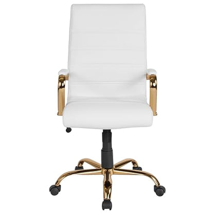Flash Furniture High Back White LeatherSoft Executive Swivel Office Chair with Gold Frame and Arms - color: White Leathersoft/Gold Frame
