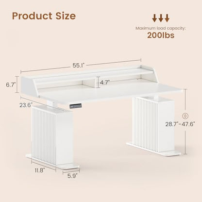 SEDETA Standing Desk with Storage, 55" Fluted Stand Up Desk with Power Outlets & LED Lights, Height Adjustable Table with Monitor Shelf for Home Office, Gaming, White - color: White