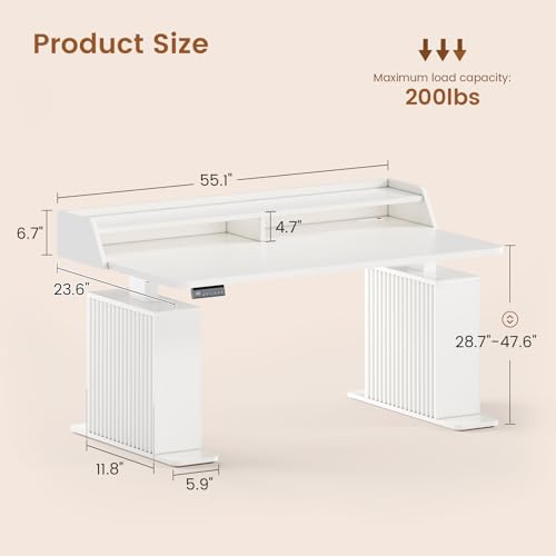 SEDETA Standing Desk with Storage, 55" Fluted Stand Up Desk with Power Outlets & LED Lights, Height Adjustable Table with Monitor Shelf for Home Office, Gaming, White - color: White