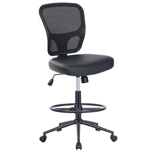 HYLONE Armless Office Chair with Footrest, PU Leather Swivel Desk Chair, Adjustable Height Drafting Chair for Home Office, Mid Back Counter Height Computer Chair