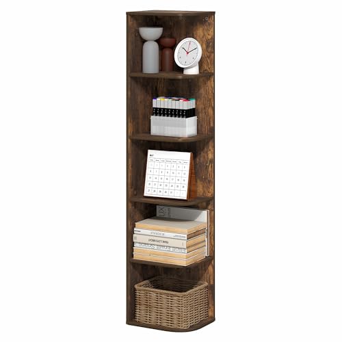 Furinno PASIR Book Shelf, 5-Tier Corner Bookshelf with Open Shelf, Standing Bookcase, 9.3 x 12 x 51.7, for Organization and Storage, for Living Room, Bedroom, Home Office, Amber Pine - color: Amber Pine, size: 5-Tier Corner