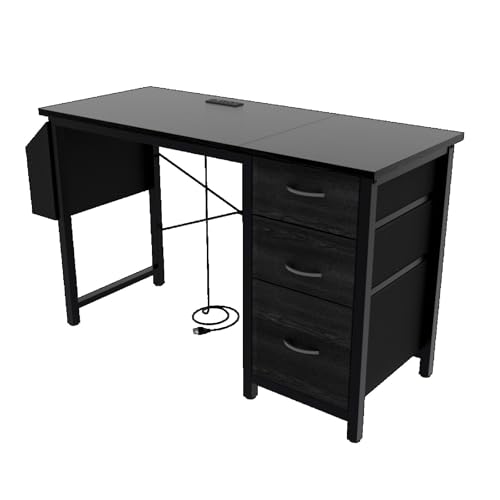 47.3" Office Desk with Power Outlet,3 Drawers,Side Pocket, Study Desk Easy to Assemble,Frame Stability Reversible for Home Desk, Company Computer Desk, Game Table,Vanity Table (Black)